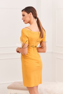 Elegancka sukienka z dekoltem carmen musztardowa 0484