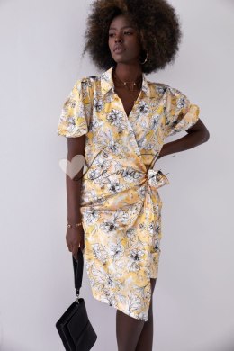 Kopertowa sukienka w kwiatowy print z kołnierzykiem żółta
