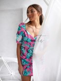 Sukienka w kwiaty z drapowaniem różowo-miętowa 8127