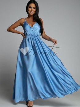 Długa satynowa sukienka na ramiączkach niebieska