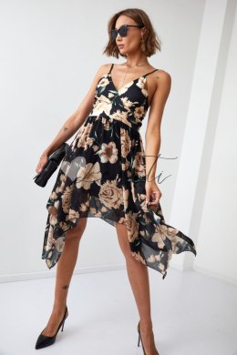Asymetryczna sukienka na ramiączkach w kwiatowy print czarno-beżowa