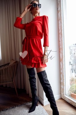 Gładka sukienka z falbankami i paskiem czerwona FK614