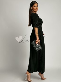 Elegancka maxi sukienka plisowana z paskiem czarna