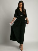 Elegancka maxi sukienka plisowana z paskiem czarna
