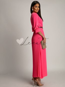 Elegancka maxi sukienka plisowana z paskiem neonowy róż