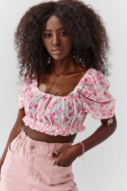 Krótka bluzka damska w kwiatowy print kremowo-amarantowa 20530