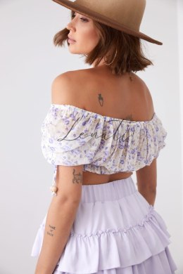 Krótka bluzka damska w kwiatowy print kremowo-liliowa 20530
