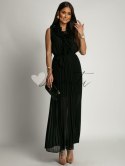 Maxi sukienka plisowana z żabotem czarna