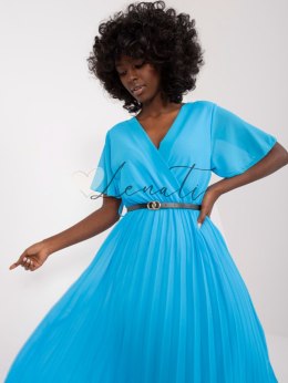 Niebieska midi sukienka plisowana z paskiem