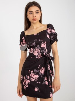 Czarno-różowa mini sukienka koktajlowa z printem Ilona