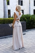 Elegancka długa suknia wiązana na wiele sposobów - BEŻOWA z brokatem