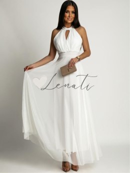 Elegancka sukienka z tiulowym dołem biała