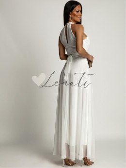 Elegancka sukienka z tiulowym dołem biała