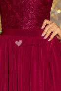 LEA długa suknia bez rękawków z koronkowym dekoltem - BORDOWA Numoco