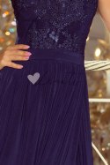 LEA długa suknia bez rękawków z haftowanym dekoltem - GRANAT Numoco