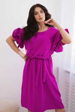 Sukienka wiązana w pasie z ozdobnym rękawem ciemno fioletowa