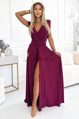 Elegancka długa suknia wiązana na wiele sposobów - BORDOWA z brokatem