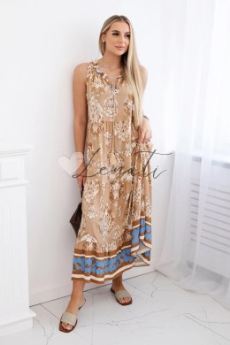 Sukienka wiskozowa z ozdobnym nadrukiem camelowa
