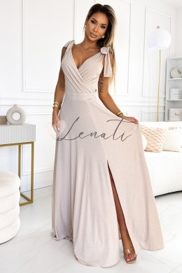 405-6 ELENA Długa suknia z dekoltem i wiązaniami na ramionach - BEŻOWA Z BROKATEM - L
