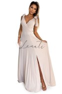 405-6 ELENA Długa suknia z dekoltem i wiązaniami na ramionach - BEŻOWA Z BROKATEM - L