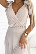 405-6 ELENA Długa suknia z dekoltem i wiązaniami na ramionach - BEŻOWA Z BROKATEM - S