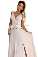 405-6 ELENA Długa suknia z dekoltem i wiązaniami na ramionach - BEŻOWA Z BROKATEM - S
