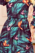 320-1 CORA sukienka z dekoltem i falbanką - kolorowe MOTYLE Numoco