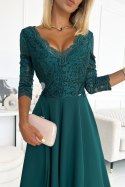 AMBER elegancka koronkowa długa suknia z dekoltem - ZIELEŃ BUTELKOWA Numoco