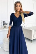 AMBER elegancka koronkowa długa suknia z dekoltem - GRANATOWA Numoco
