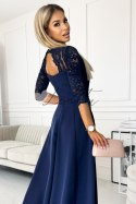 AMBER elegancka koronkowa długa suknia z dekoltem - GRANATOWA Numoco