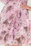 410-1 MONICA szyfonowa sukienka z wiązanym dekoltem - BRUDNY RÓŻ + KWIATY Numoco