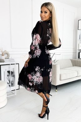 CARLA Plisowana sukienka midi z guziczkami i długim rękawkiem - RÓŻE na czarnym tle Numoco basic