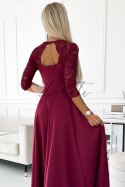 AMBER elegancka długa suknia maxi z koronkowym dekoltem - BORDOWA Numoco