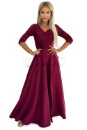AMBER elegancka długa suknia maxi z koronkowym dekoltem - BORDOWA Numoco