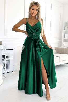 JULIET elegancka długa satynowa suknia z dekoltem - ZIELEŃ BUTELKOWA Numoco