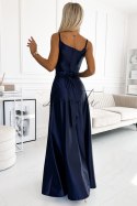 JULIET elegancka długa satynowa suknia z dekoltem - GRANATOWA Numoco