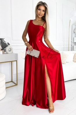 Długa elegancka satynowa suknia na jedno ramię - CZERWONA Numoco