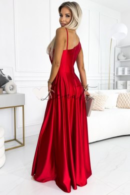 Długa elegancka satynowa suknia na jedno ramię - CZERWONA Numoco